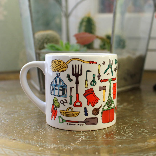 Small gardeners mug vintage gardening tools by Laura Lee Designs