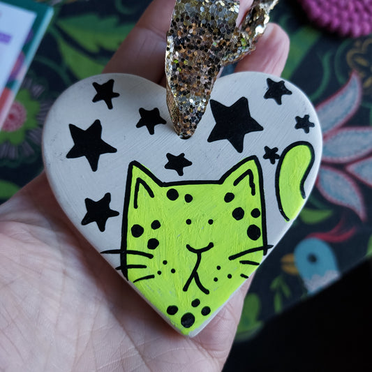 Neon Cat & Stars Ceramic Heart Decoration - Hand Painted