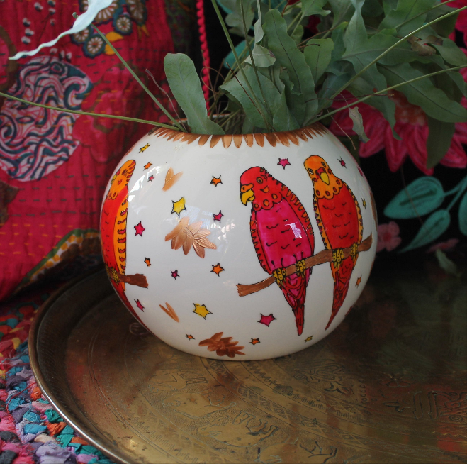 Hand painted budgie vase by Laura Lee Designs