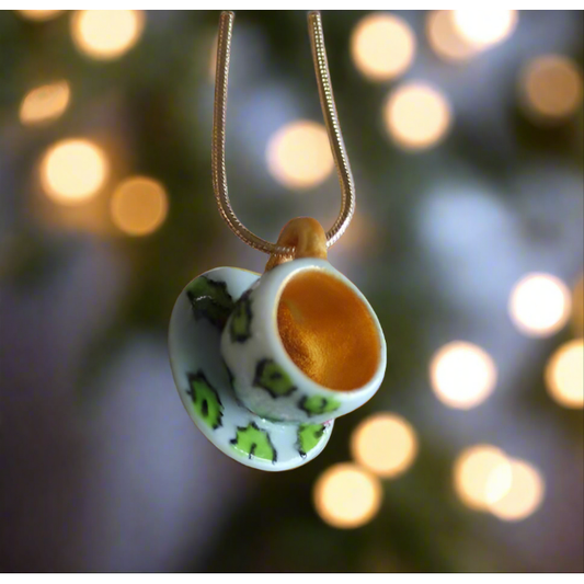 Holly Ceramic Miniature Teacup Necklace Christmas Yule Laura Lee Designs
