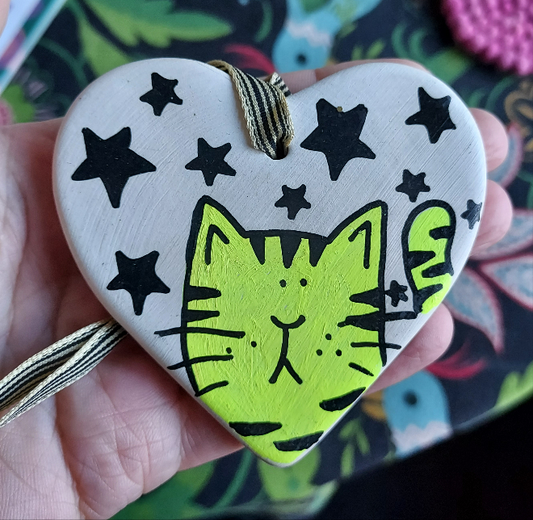 Neon Cat & Stars Ceramic Heart Decoration - Hand Painted