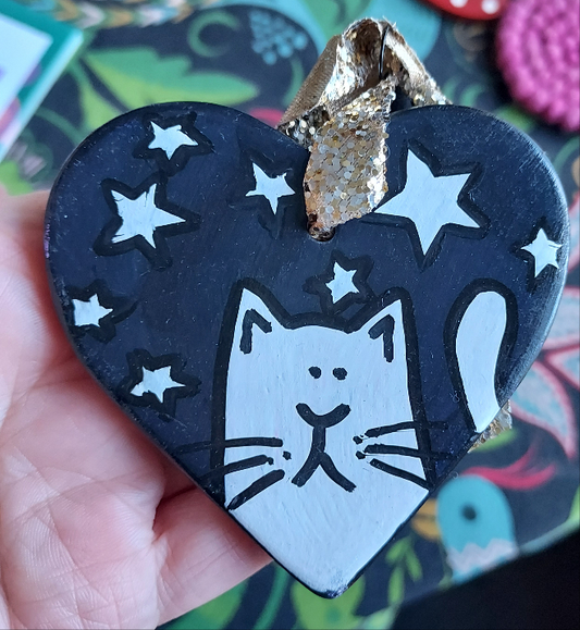 White Cat & Stars Ceramic Heart Decoration - Hand Painted