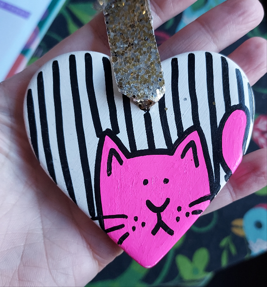 Neon Cat & Stripes Ceramic Heart Decoration - Hand Painted