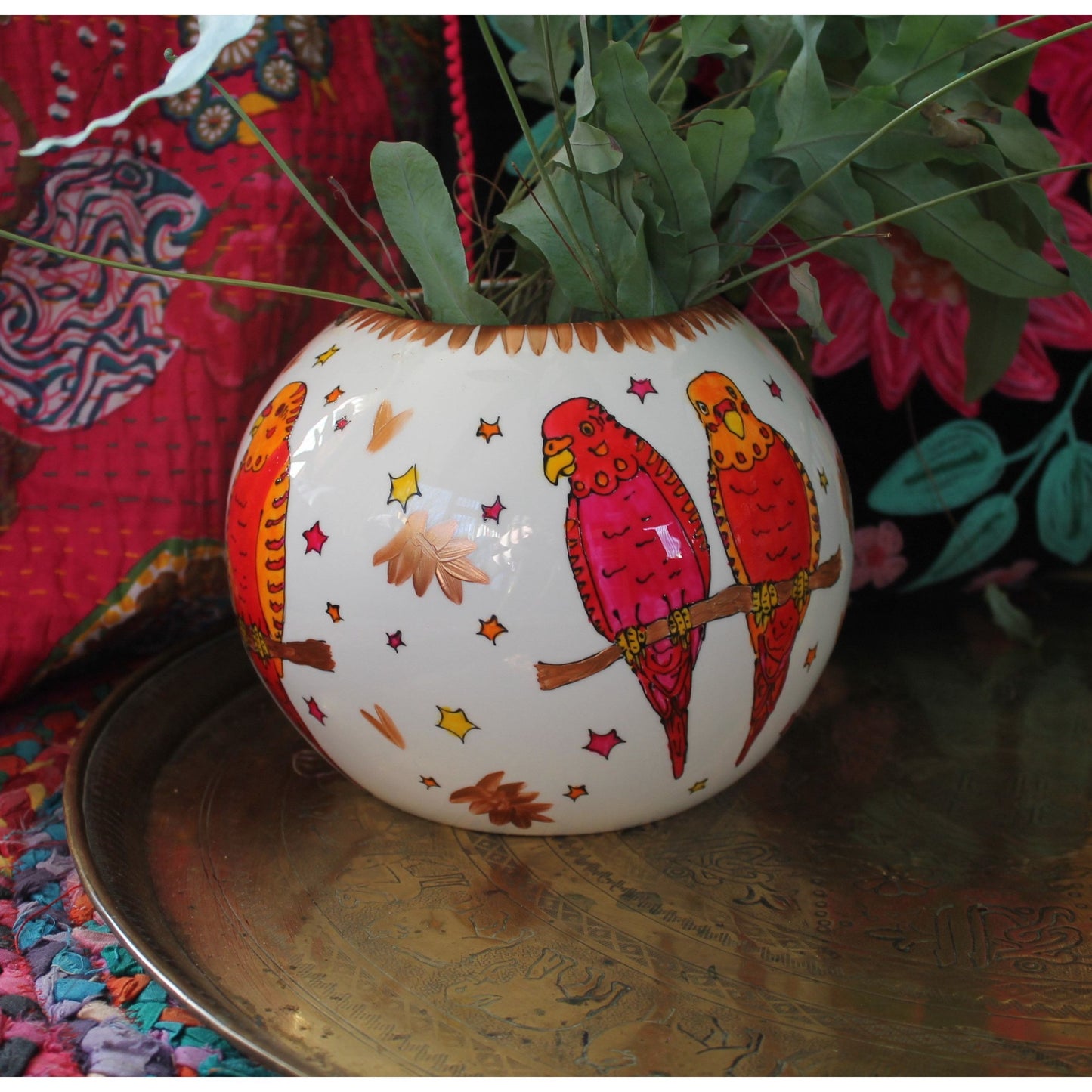 Laura Lee Designs Handpainted Ceramic Colourful Budgie Globe Vase