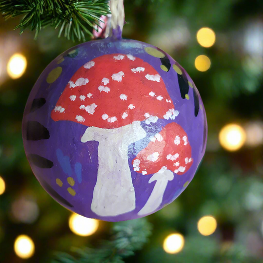 Purple toadstool papier mache bauble