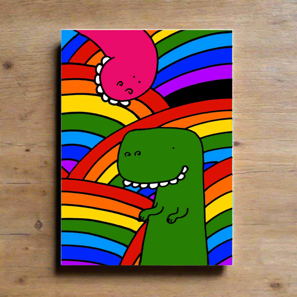 Rainbow dinosaur greetings card Laura Lee Designs