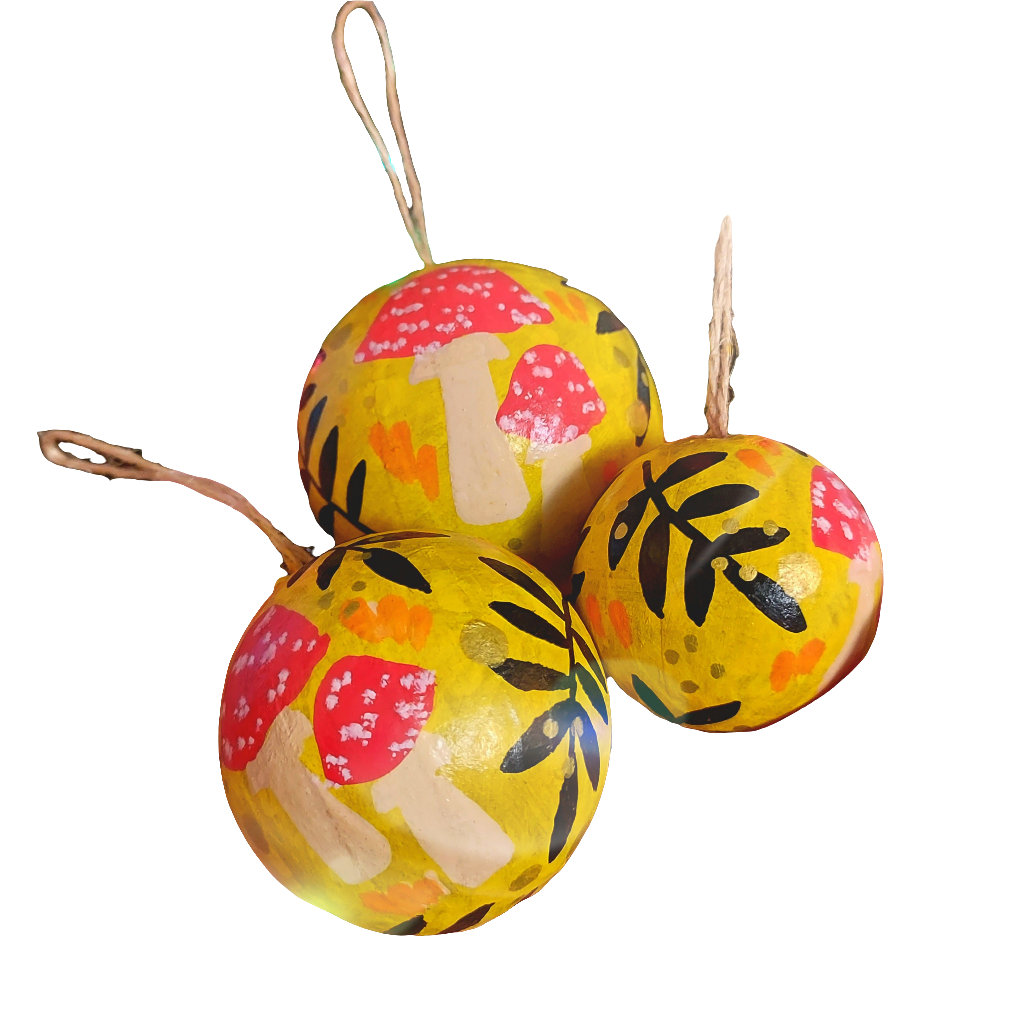 Yellow toadstool and rowan baubles