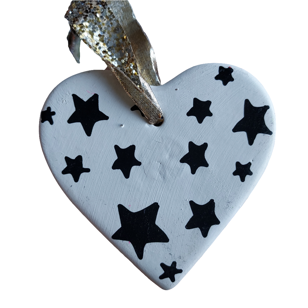 Neon Cat & Stars Ceramic Heart Decoration - Hand Painted