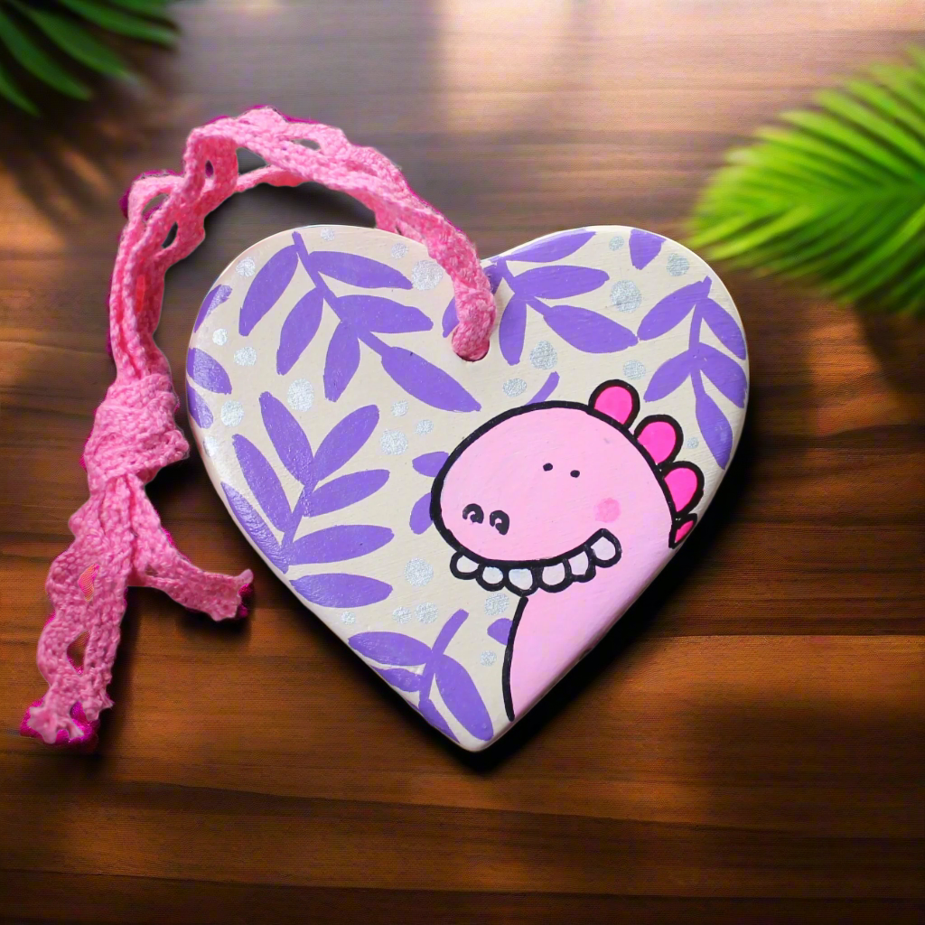 Pink dino purplae rowan leaves ceramic heart ornament Laura Lee