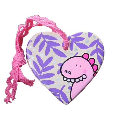 Pink Dinosaur Ceramic Heart Decoration - Hand Painted - Dinosaur Lovers Gift