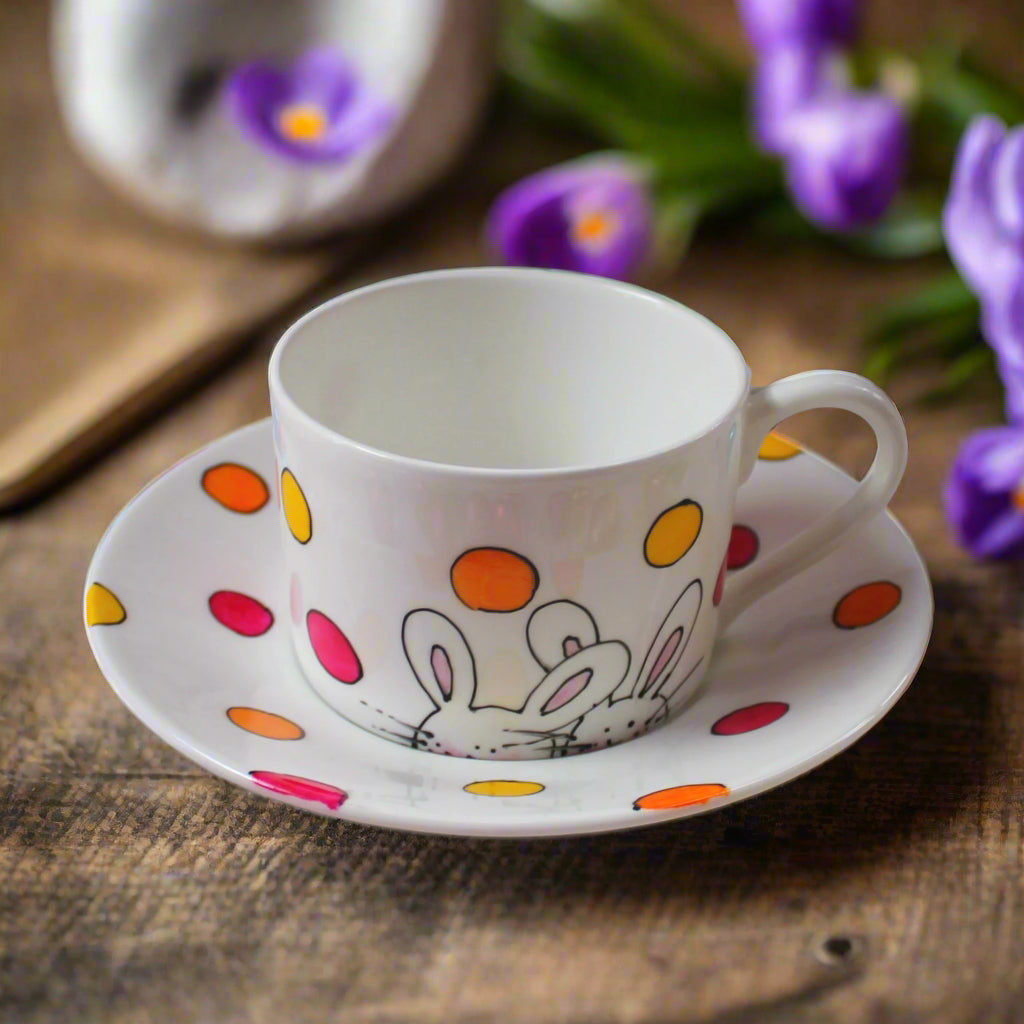 white bunny tea cup and saucer Laura Lee Designs