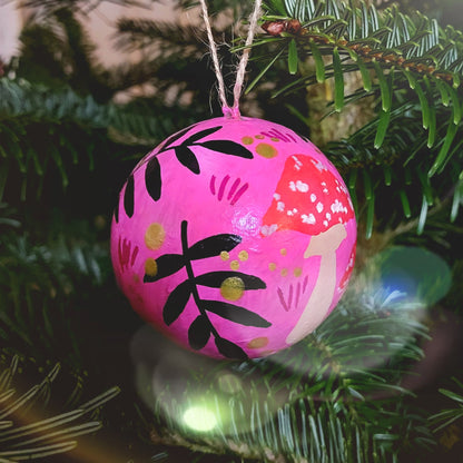 Rowan Toadstool Baubles - Pink - Set of 3 - Papier Mache - Hand Painted - Eco