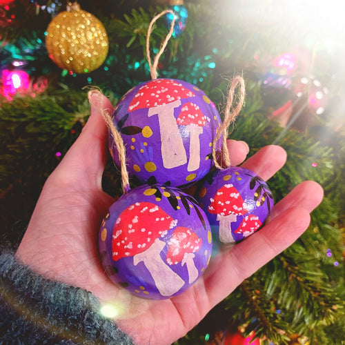 Toadstools & Rowan Bauble - Purple - Set of 3 - Papier Mache - Hand Painted