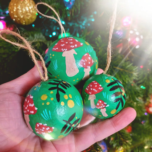 Toadstools & Rowan Bauble - Green - Set of Three - Papier Mache - Hand Painted - Eco