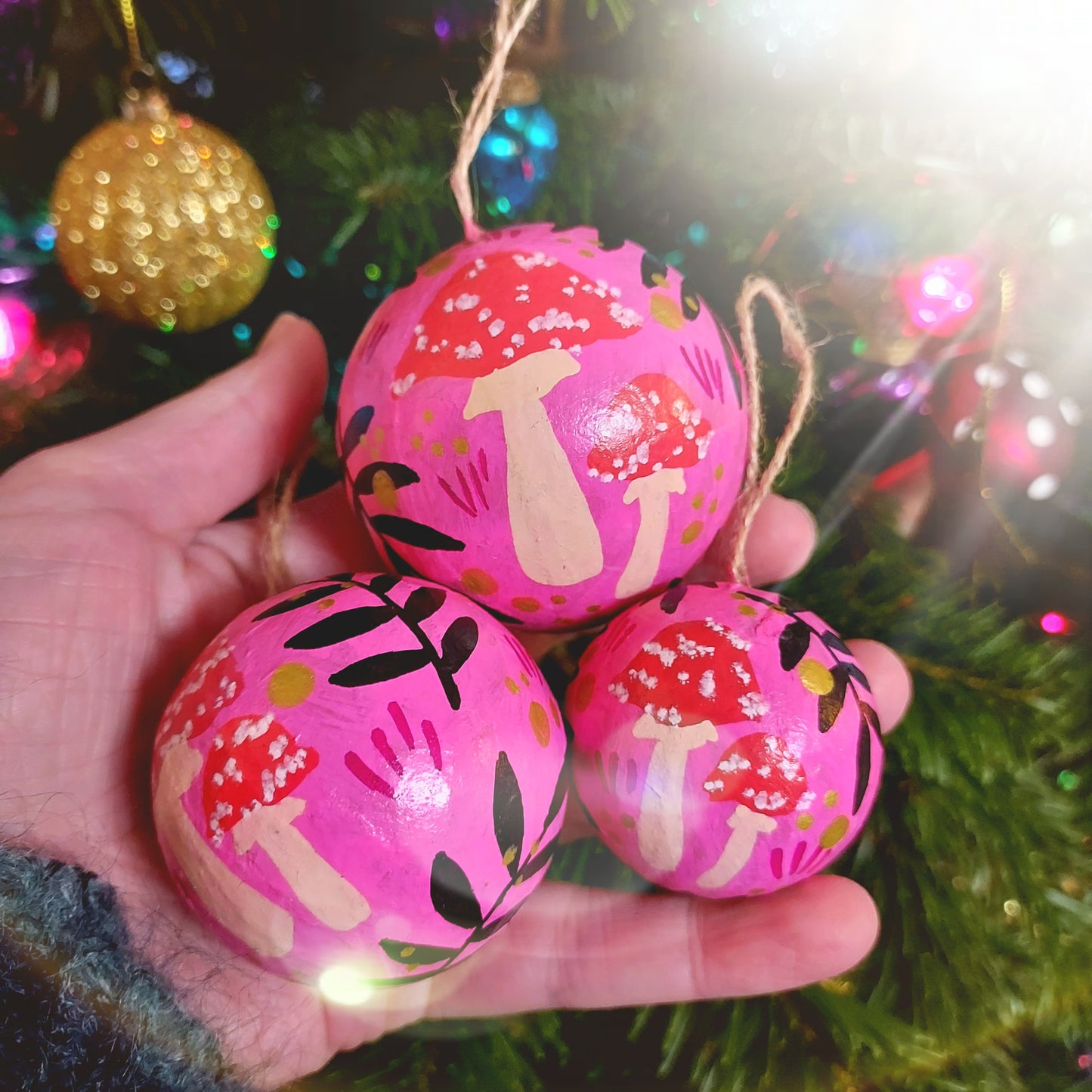 Rowan Toadstool Baubles - Pink - Set of 3 - Papier Mache - Hand Painted - Eco