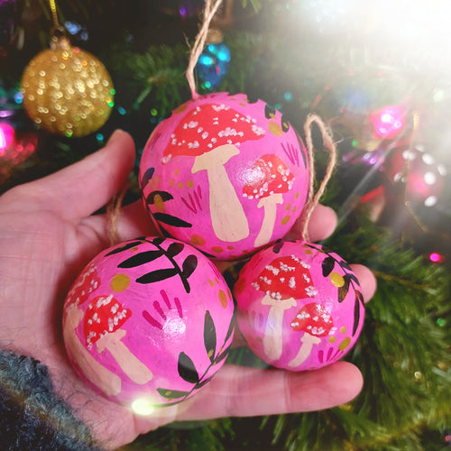 Toadstools & Rowan Bauble - Pink - Set of 3 - Papier Mache - Hand Painted - Eco