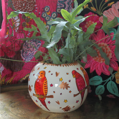 Laura Lee Designs Handpainted Ceramic Colourful Budgie Globe Vase