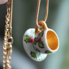 Holly Ceramic Miniature Teacup Necklace Christmas Yule Laura Lee Designs