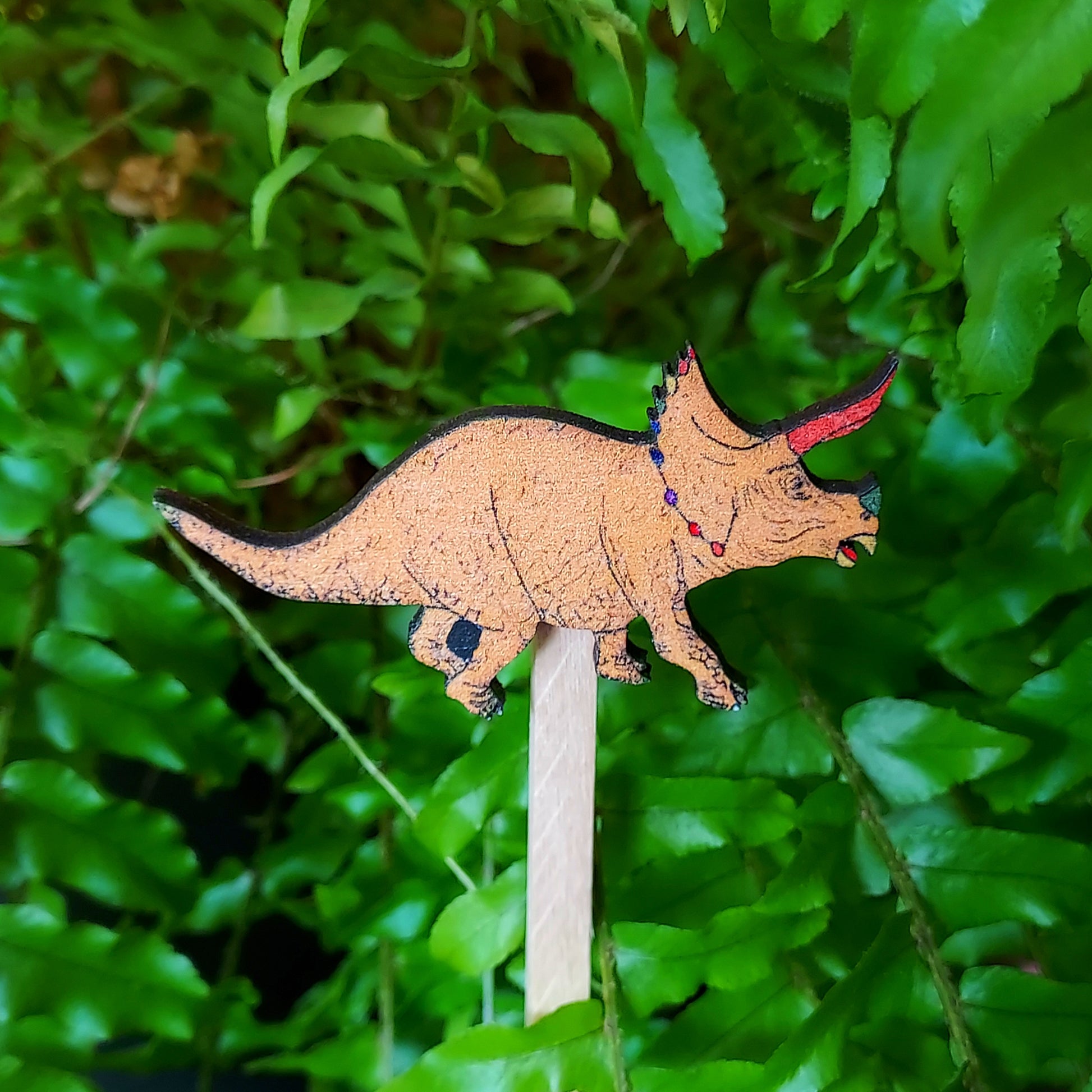 yellow triceratops wooden plant stick terrarium decor