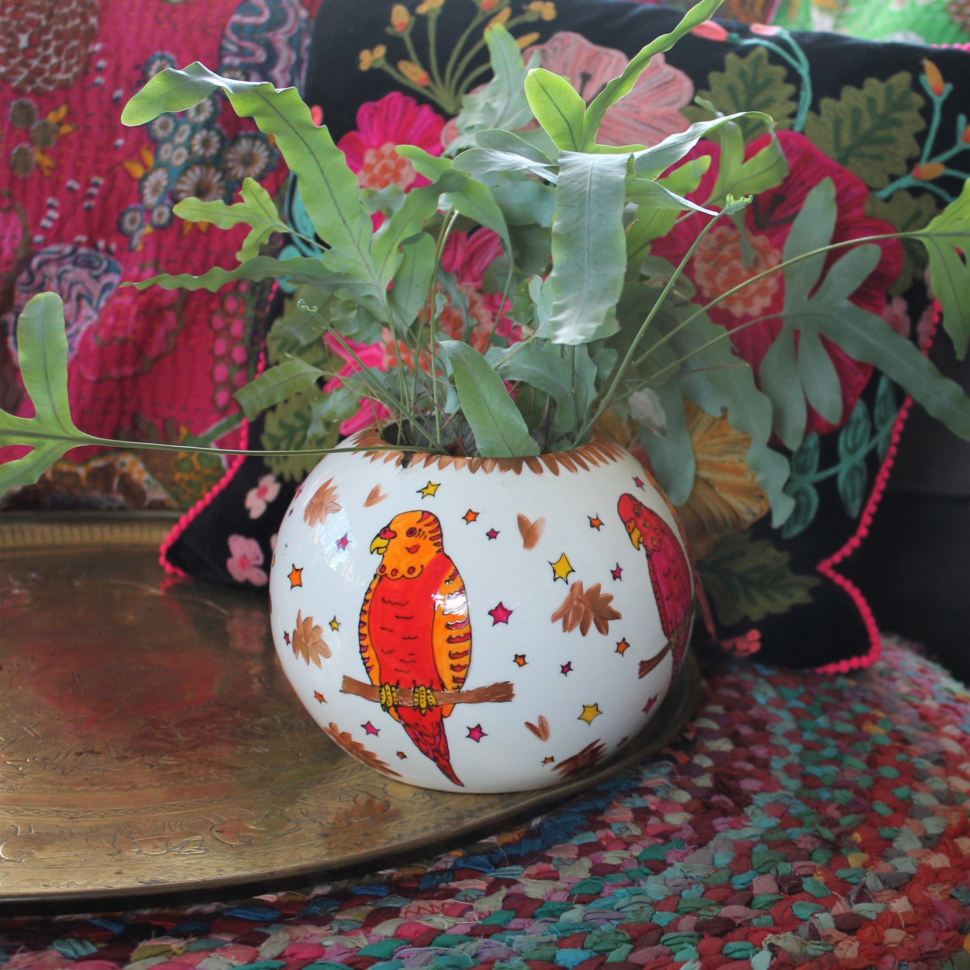 Laura Lee Designs Handpainted Ceramic Colourful Budgie Globe Vase