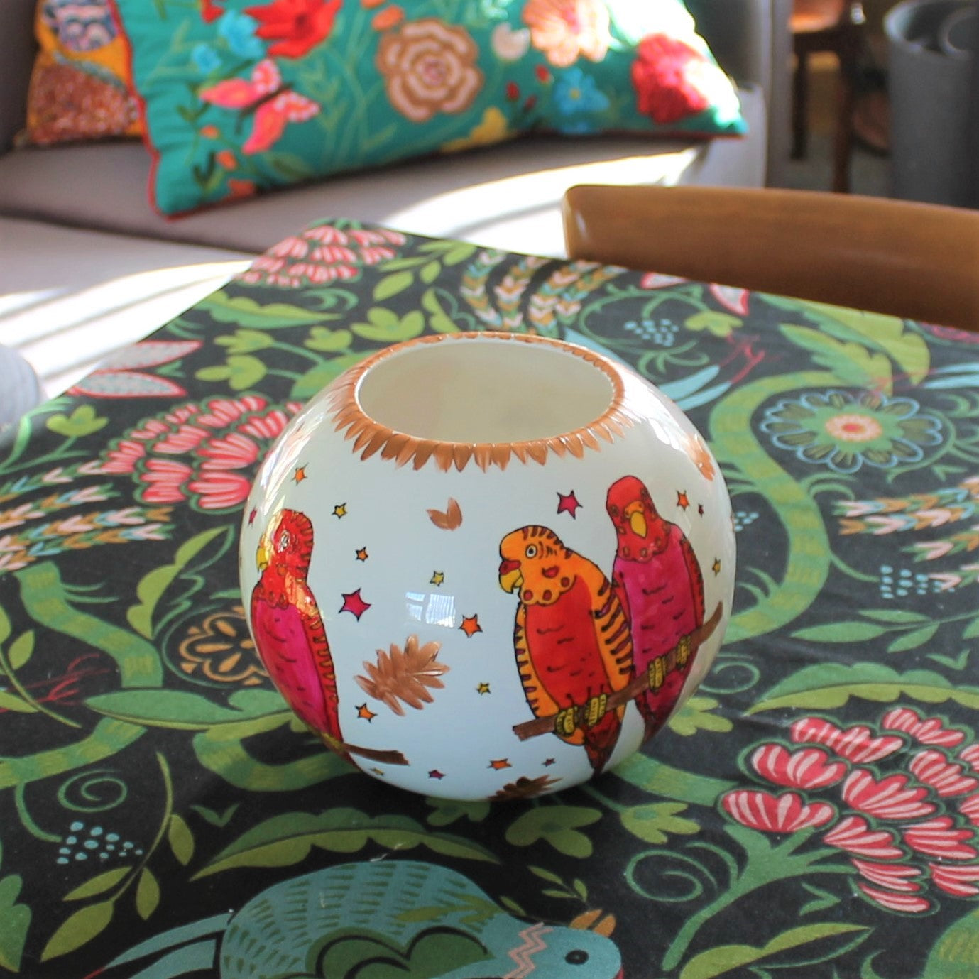 Laura Lee Designs Handpainted Ceramic Colourful Budgie Globe Vase