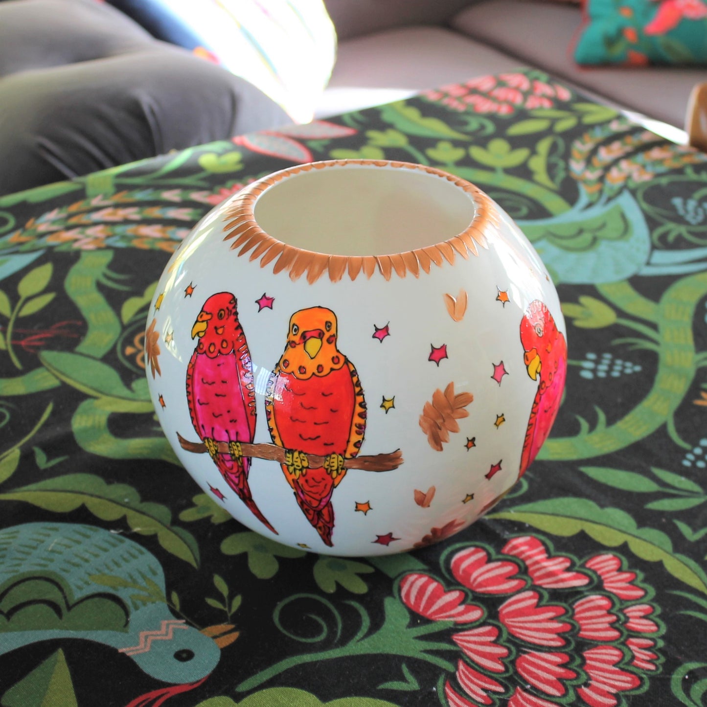 Laura Lee Designs Handpainted Ceramic Colourful Budgie Globe Vase