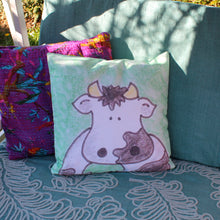 Load image into Gallery viewer, Cartoon cow cushion watercolour and ink art pillow by Laura lee designs in Cornwall