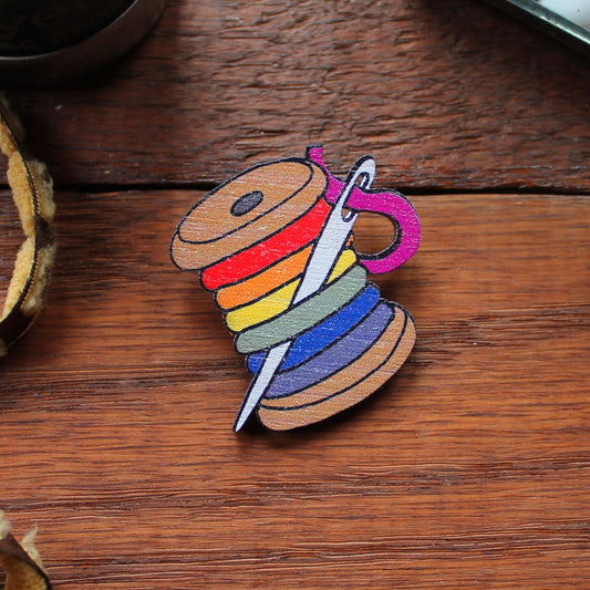 Wooden Rainbow Cotton Bobbin Brooch - Birch Wood - Sewing Gift - Eco