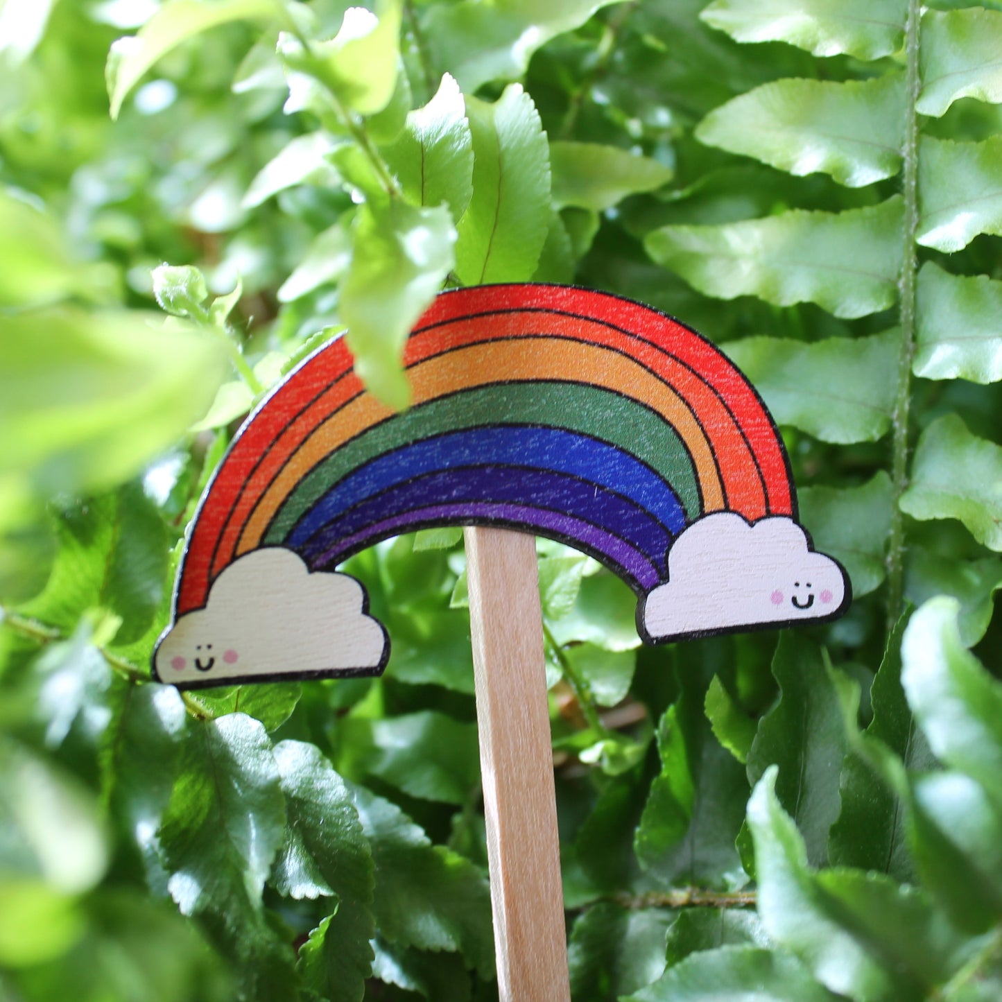 Wooden rainbow plant stick plant pot decoration by Laura Lee Designs