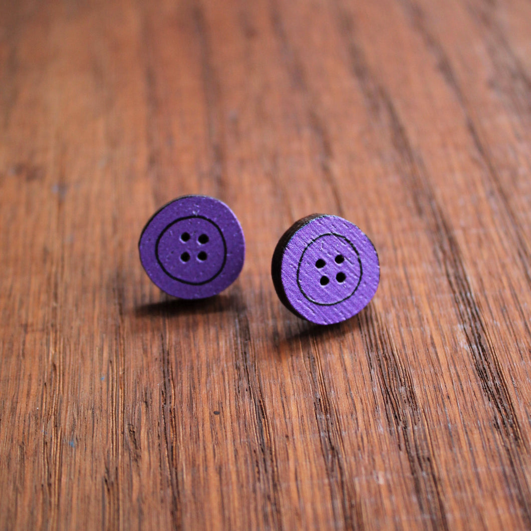 Purple wooden button stud earrings by Laura Lee Designs 