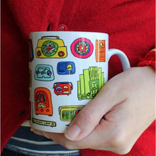Load image into Gallery viewer, colourful radio listeners mug by Laura Lee Designs 